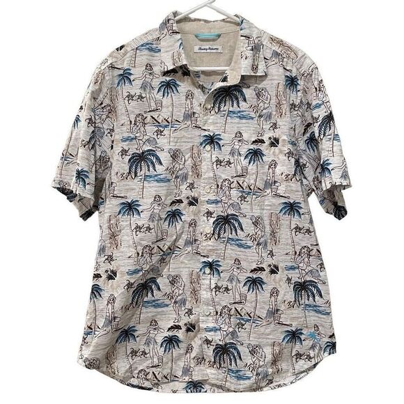 Tommy Bahama Button Up Mens L Cotton Hawaiian Hula Girl Luau Vacay Party Shirt - Picture 1 of 5